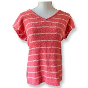 LOFT Coral & White Striped v Neck Thin Knit Summer Sweater Sz XS.